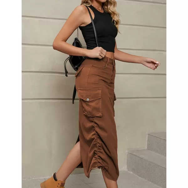 IDEALSANXUN Cargo Skirts for Women 2023 Midi Long Denim Jean SkirtBrown