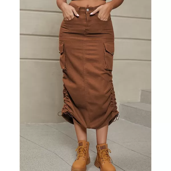 IDEALSANXUN Cargo Skirts for Women 2023 Midi Long Denim Jean SkirtBrown