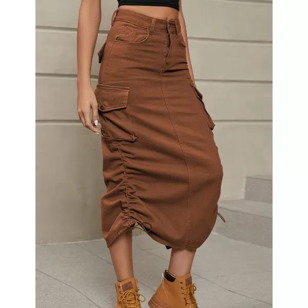 IDEALSANXUN Cargo Skirts for Women 2023 Midi Long Denim Jean SkirtBrown