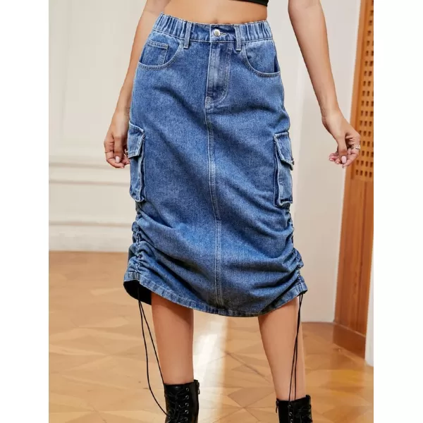 IDEALSANXUN Cargo Skirts for Women 2023 Midi Long Denim Jean SkirtDenim Blue