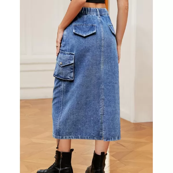 IDEALSANXUN Cargo Skirts for Women 2023 Midi Long Denim Jean SkirtDenim Blue