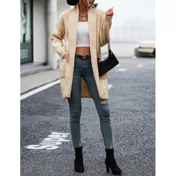 IDEALSANXUN Checkered Cardigan Sweaters for Women Oversized Lightweight Long Sleeve Open Front Long Knit Sweater CoatBeige