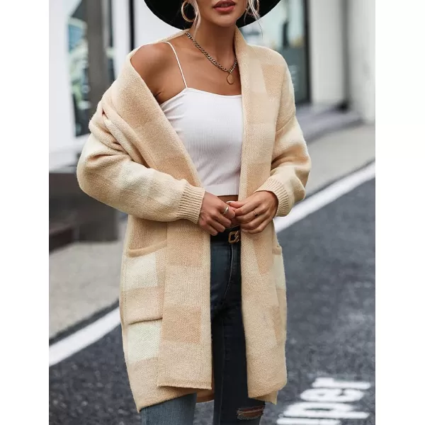IDEALSANXUN Checkered Cardigan Sweaters for Women Oversized Lightweight Long Sleeve Open Front Long Knit Sweater CoatBeige
