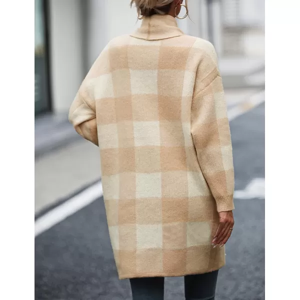 IDEALSANXUN Checkered Cardigan Sweaters for Women Oversized Lightweight Long Sleeve Open Front Long Knit Sweater CoatBeige