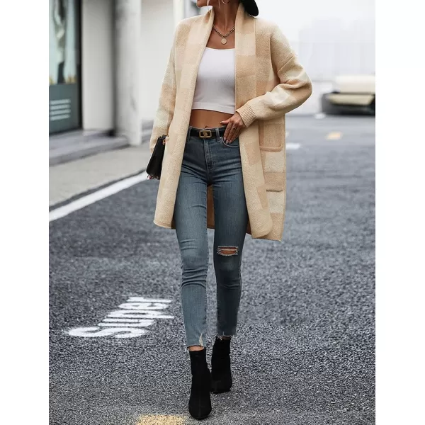 IDEALSANXUN Checkered Cardigan Sweaters for Women Oversized Lightweight Long Sleeve Open Front Long Knit Sweater CoatBeige