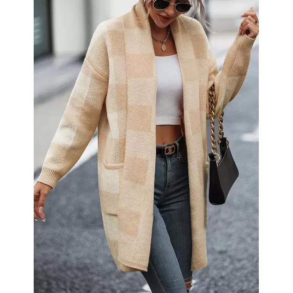 IDEALSANXUN Checkered Cardigan Sweaters for Women Oversized Lightweight Long Sleeve Open Front Long Knit Sweater CoatBeige
