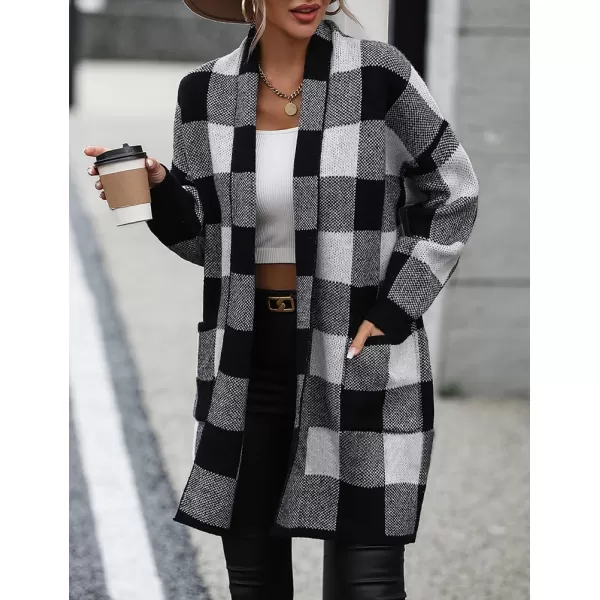 IDEALSANXUN Checkered Cardigan Sweaters for Women Oversized Lightweight Long Sleeve Open Front Long Knit Sweater CoatBlack