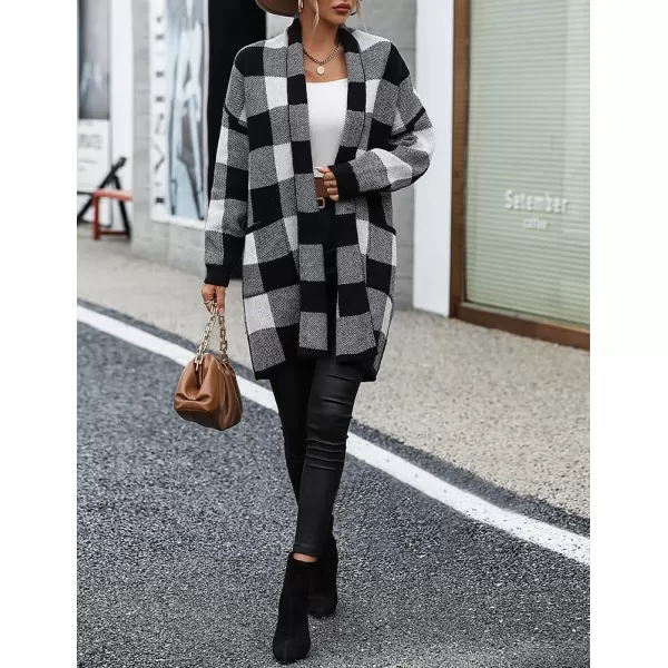 IDEALSANXUN Checkered Cardigan Sweaters for Women Oversized Lightweight Long Sleeve Open Front Long Knit Sweater CoatBlack