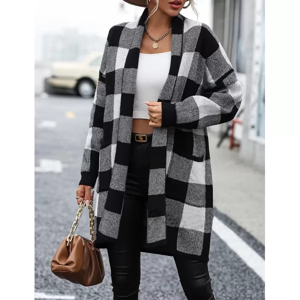 IDEALSANXUN Checkered Cardigan Sweaters for Women Oversized Lightweight Long Sleeve Open Front Long Knit Sweater CoatBlack