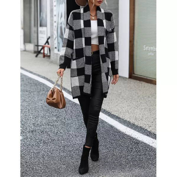 IDEALSANXUN Checkered Cardigan Sweaters for Women Oversized Lightweight Long Sleeve Open Front Long Knit Sweater CoatBlack
