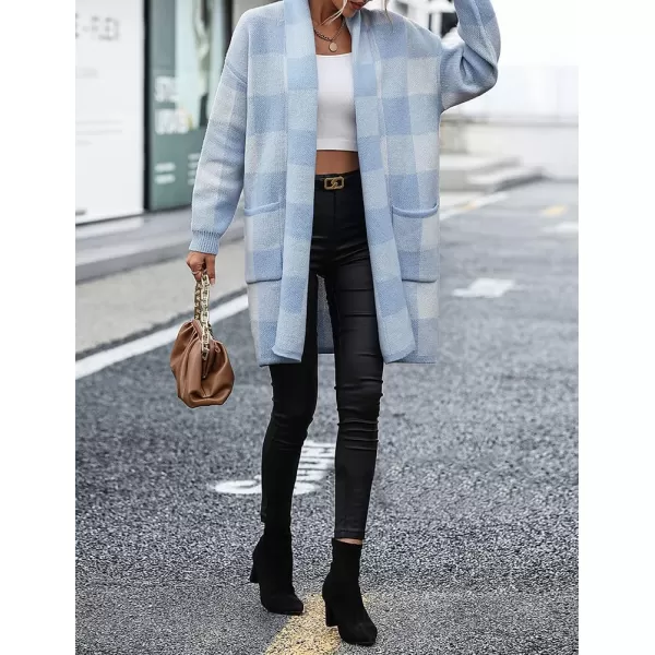 IDEALSANXUN Checkered Cardigan Sweaters for Women Oversized Lightweight Long Sleeve Open Front Long Knit Sweater CoatBlue