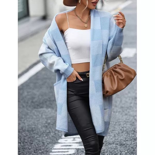 IDEALSANXUN Checkered Cardigan Sweaters for Women Oversized Lightweight Long Sleeve Open Front Long Knit Sweater CoatBlue
