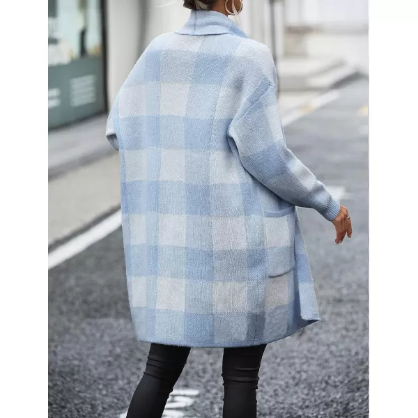 IDEALSANXUN Checkered Cardigan Sweaters for Women Oversized Lightweight Long Sleeve Open Front Long Knit Sweater CoatBlue