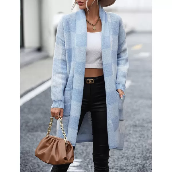 IDEALSANXUN Checkered Cardigan Sweaters for Women Oversized Lightweight Long Sleeve Open Front Long Knit Sweater CoatBlue