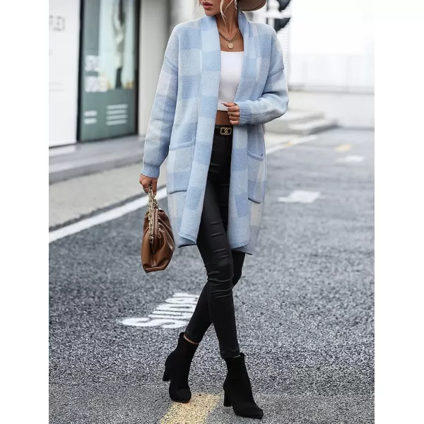 IDEALSANXUN Checkered Cardigan Sweaters for Women Oversized Lightweight Long Sleeve Open Front Long Knit Sweater CoatBlue