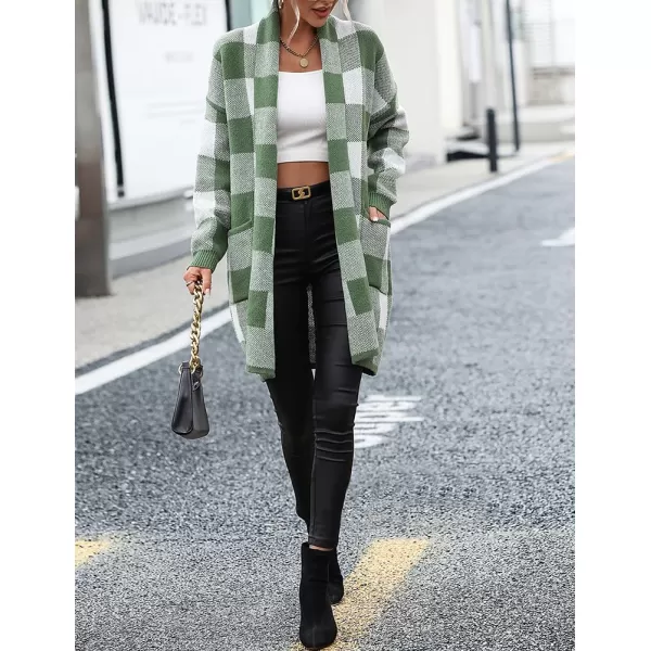 IDEALSANXUN Checkered Cardigan Sweaters for Women Oversized Lightweight Long Sleeve Open Front Long Knit Sweater CoatGreen
