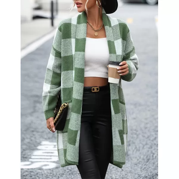 IDEALSANXUN Checkered Cardigan Sweaters for Women Oversized Lightweight Long Sleeve Open Front Long Knit Sweater CoatGreen