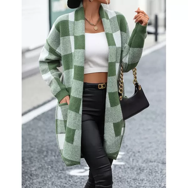 IDEALSANXUN Checkered Cardigan Sweaters for Women Oversized Lightweight Long Sleeve Open Front Long Knit Sweater CoatGreen