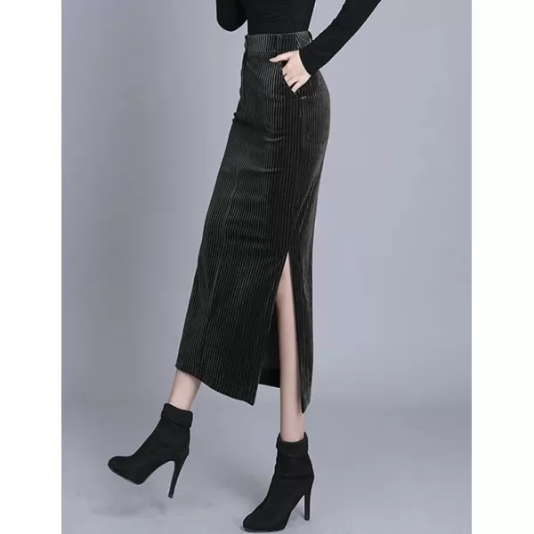 IDEALSANXUN Corduroy Maxi Skirt for Women Fall Winter High Waisted Pencil Warp Bodycon Long Skirt with SlitBlack