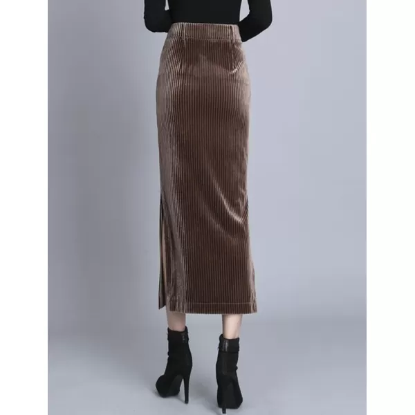 IDEALSANXUN Corduroy Maxi Skirt for Women Fall Winter High Waisted Pencil Warp Bodycon Long Skirt with SlitCoffee