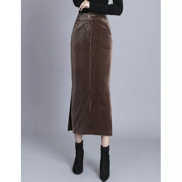 IDEALSANXUN Corduroy Maxi Skirt for Women Fall Winter High Waisted Pencil Warp Bodycon Long Skirt with SlitCoffee