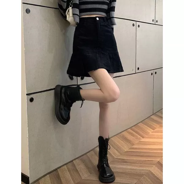IDEALSANXUN Corduroy Mermaid Skirt for Women High Waisted Pleated Ruffle A Line Fall Winter Mini SkirtsBlack