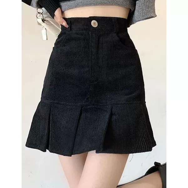 IDEALSANXUN Corduroy Mermaid Skirt for Women High Waisted Pleated Ruffle A Line Fall Winter Mini SkirtsBlack