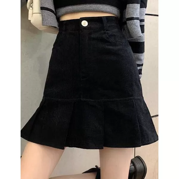 IDEALSANXUN Corduroy Mermaid Skirt for Women High Waisted Pleated Ruffle A Line Fall Winter Mini SkirtsBlack