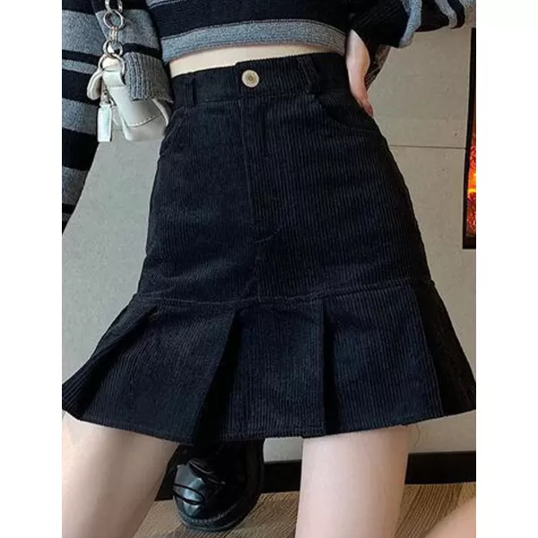 IDEALSANXUN Corduroy Mermaid Skirt for Women High Waisted Pleated Ruffle A Line Fall Winter Mini SkirtsBlack