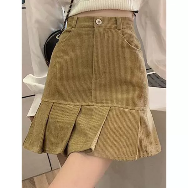 IDEALSANXUN Corduroy Mermaid Skirt for Women High Waisted Pleated Ruffle A Line Fall Winter Mini SkirtsKhaki