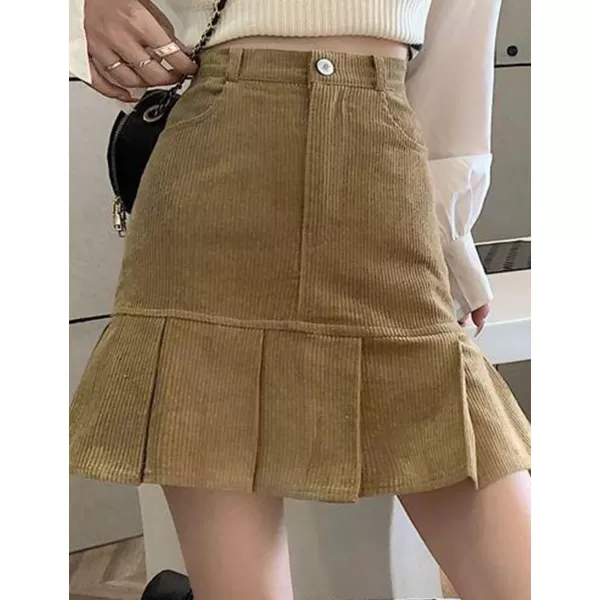 IDEALSANXUN Corduroy Mermaid Skirt for Women High Waisted Pleated Ruffle A Line Fall Winter Mini SkirtsKhaki