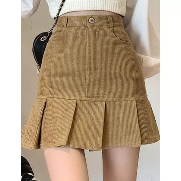 IDEALSANXUN Corduroy Mermaid Skirt for Women High Waisted Pleated Ruffle A Line Fall Winter Mini SkirtsKhaki