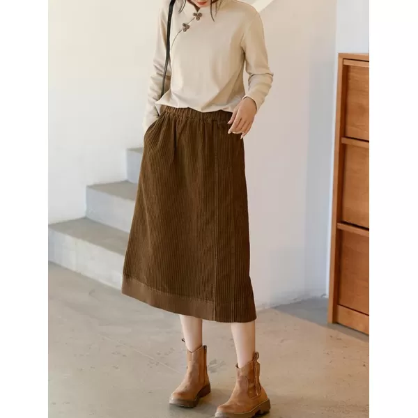 IDEALSANXUN Corduroy Midi Skirt for Women Fall Winter 2023 High Waisted A Line Long Skirt with SlitCoffee