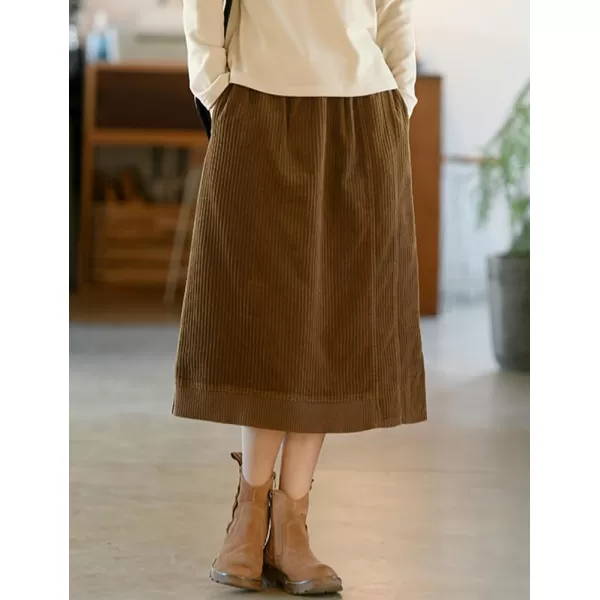 IDEALSANXUN Corduroy Midi Skirt for Women Fall Winter 2023 High Waisted A Line Long Skirt with SlitCoffee