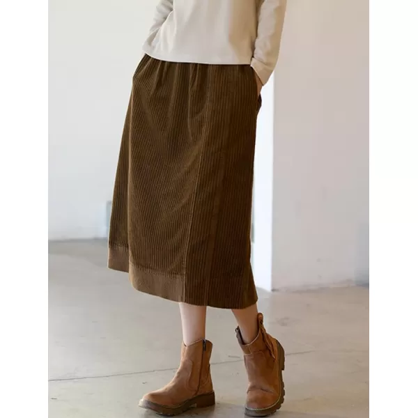 IDEALSANXUN Corduroy Midi Skirt for Women Fall Winter 2023 High Waisted A Line Long Skirt with SlitCoffee