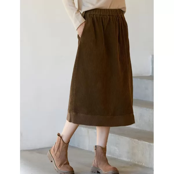 IDEALSANXUN Corduroy Midi Skirt for Women Fall Winter 2023 High Waisted A Line Long Skirt with SlitCoffee