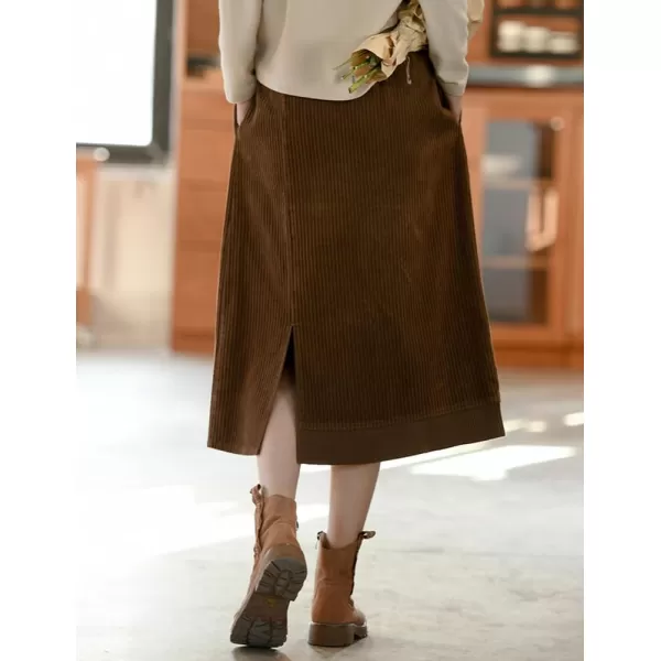 IDEALSANXUN Corduroy Midi Skirt for Women Fall Winter 2023 High Waisted A Line Long Skirt with SlitCoffee