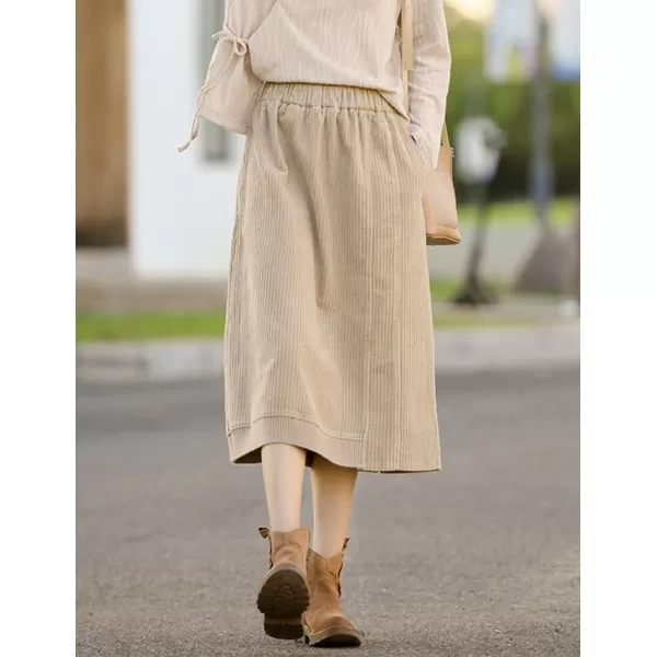 IDEALSANXUN Corduroy Midi Skirt for Women Fall Winter 2023 High Waisted A Line Long Skirt with SlitKhaki