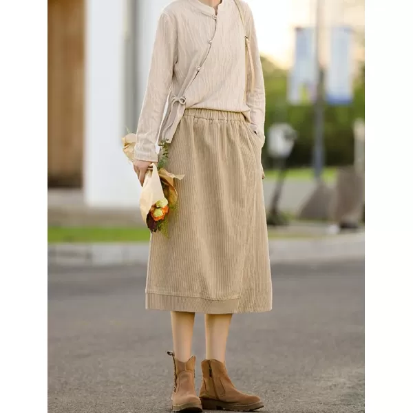 IDEALSANXUN Corduroy Midi Skirt for Women Fall Winter 2023 High Waisted A Line Long Skirt with SlitKhaki