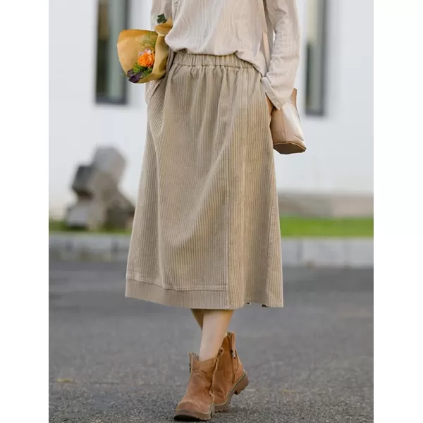 IDEALSANXUN Corduroy Midi Skirt for Women Fall Winter 2023 High Waisted A Line Long Skirt with SlitKhaki