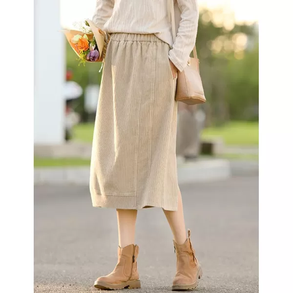 IDEALSANXUN Corduroy Midi Skirt for Women Fall Winter 2023 High Waisted A Line Long Skirt with SlitKhaki