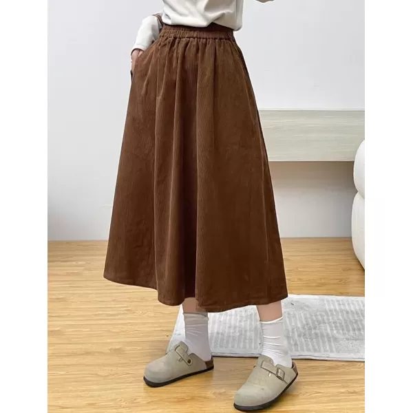 IDEALSANXUN Corduroy Midi Skirt for Women High Waisted A Line Fall Winter Skirt with PocketsCoffee