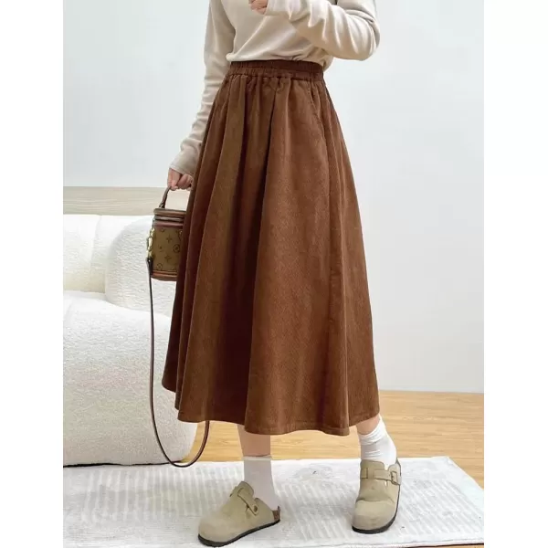 IDEALSANXUN Corduroy Midi Skirt for Women High Waisted A Line Fall Winter Skirt with PocketsCoffee