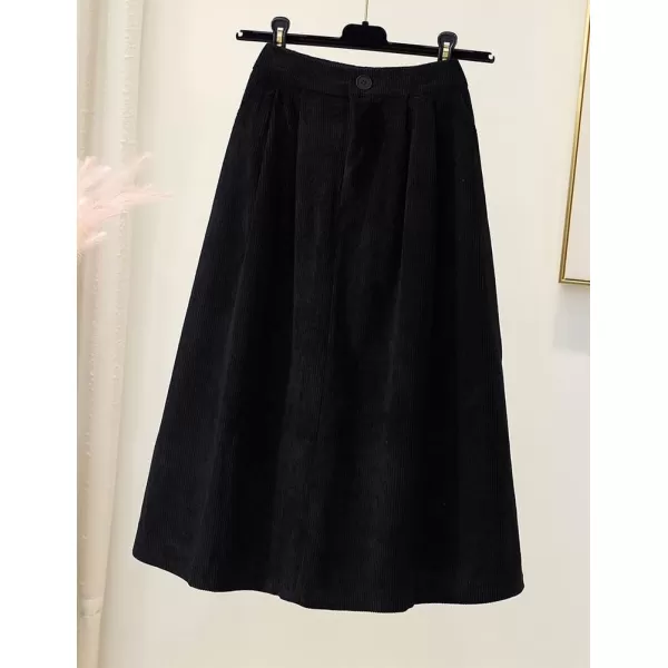 IDEALSANXUN Corduroy Midi Skirt for Women High Waisted A Line Fall Winter Wool SkirtBlack