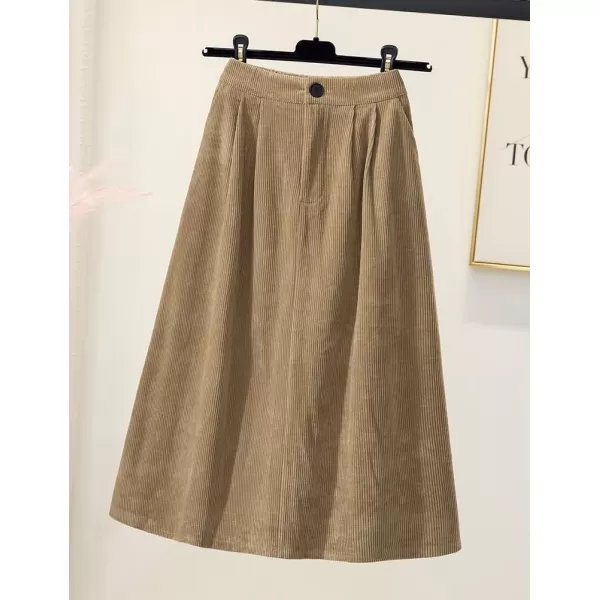 IDEALSANXUN Corduroy Midi Skirt for Women High Waisted A Line Fall Winter Wool SkirtKhaki