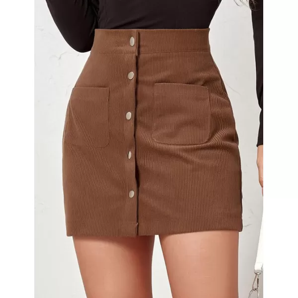 IDEALSANXUN Corduroy Mini Skirt for Women High Waisted Button Up Pencil Bodycon Casual Fall Winter SkirtsBrown
