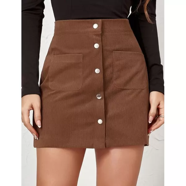 IDEALSANXUN Corduroy Mini Skirt for Women High Waisted Button Up Pencil Bodycon Casual Fall Winter SkirtsBrown