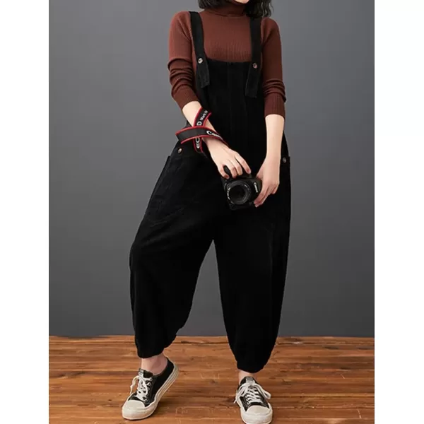 IDEALSANXUN Corduroy Overalls for Women Bib Streetwear Baggy Adjustable Straps Big Pocket Loose Fit Fall Winter JumpsuitBlack