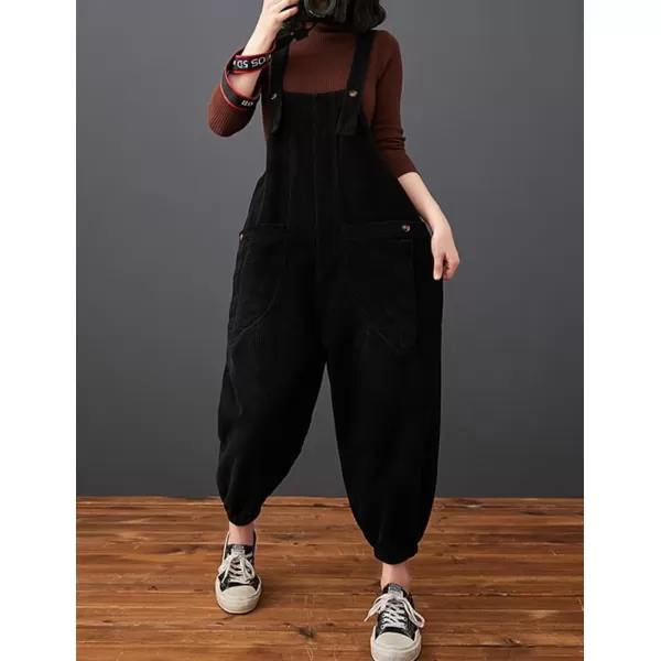 IDEALSANXUN Corduroy Overalls for Women Bib Streetwear Baggy Adjustable Straps Big Pocket Loose Fit Fall Winter JumpsuitBlack