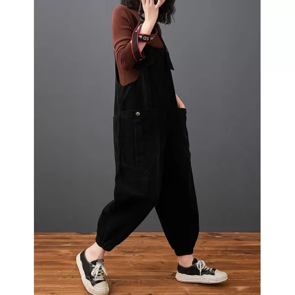 IDEALSANXUN Corduroy Overalls for Women Bib Streetwear Baggy Adjustable Straps Big Pocket Loose Fit Fall Winter JumpsuitBlack